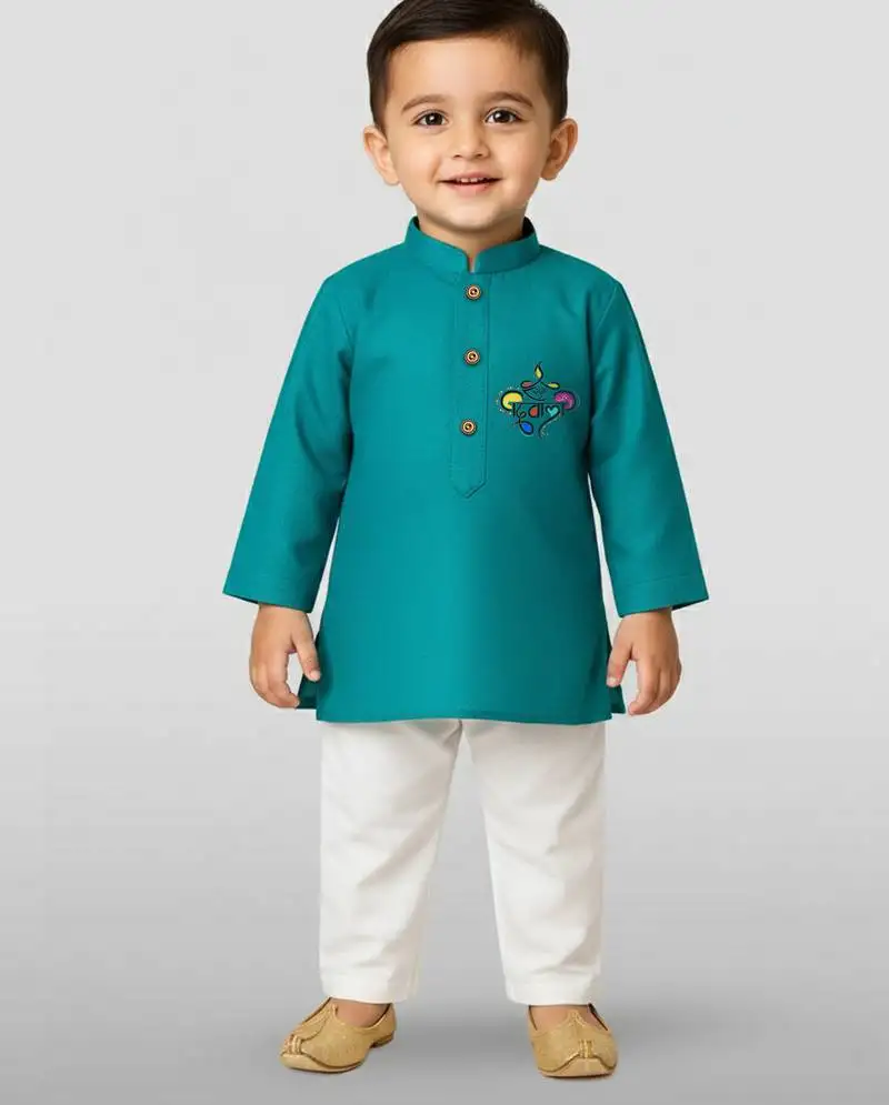 Light blue cotton printed kurta set with white pyjama - diwali special