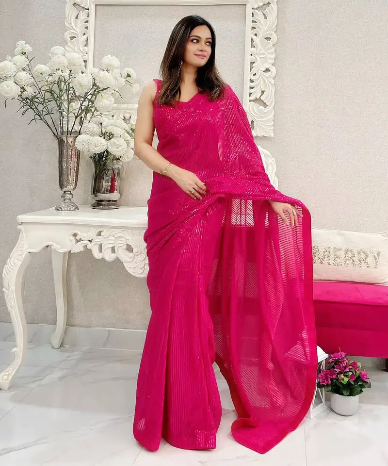 Pink heavy sequance embroidery work georgette saree with blouse piece