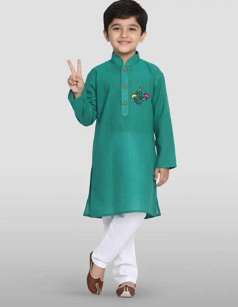 Green cotton printed kurta set with white pyjama - diwali special