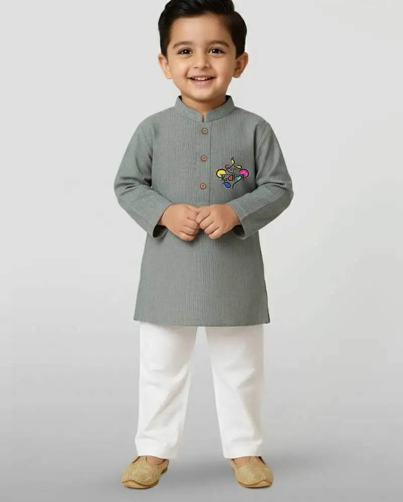 Grey cotton printed kurta set with white pyjama - diwali special