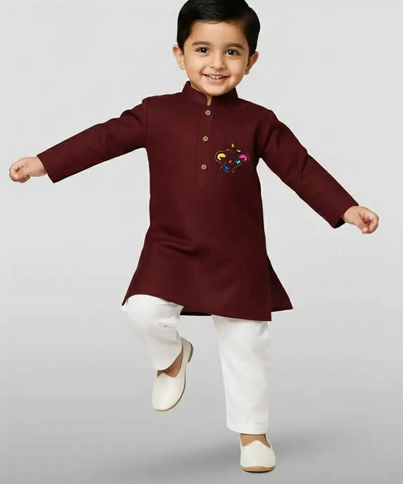 Maroon cotton printed kurta set with white pyjama - diwali special