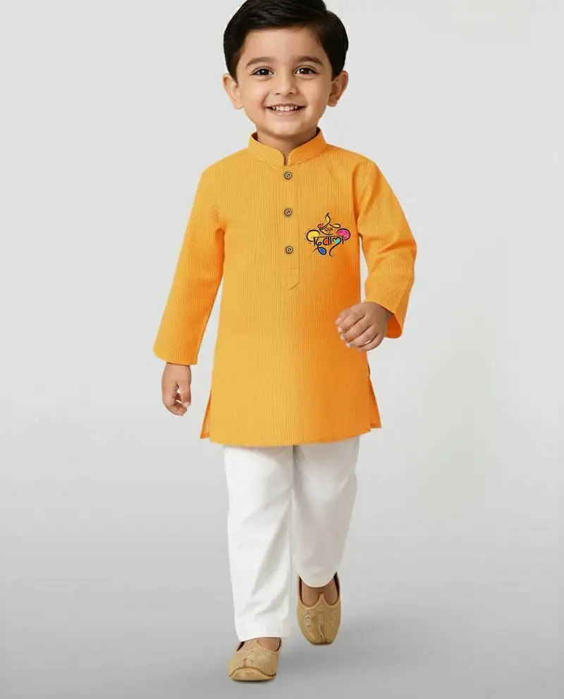 Mustard cotton printed kurta set with white pyjama - diwali special