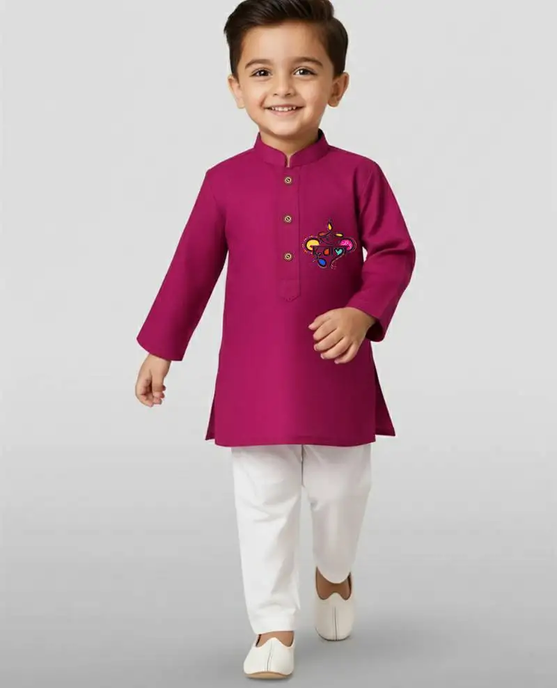 Purple cotton printed kurta set with white pyjama - diwali special