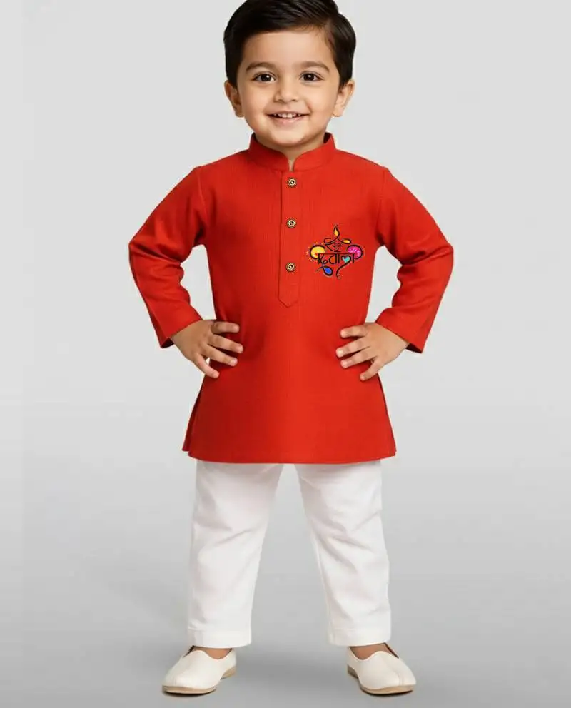 Red cotton printed kurta set with white pyjama - diwali special