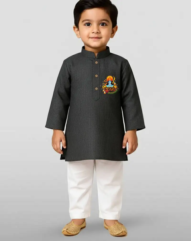 Black cotton printed kurta set with white pyjama - diwali special