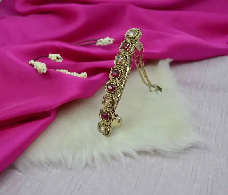 Round & square shape antique gold plated ruby and uncut kundan stone 1 hair clip for women and girls