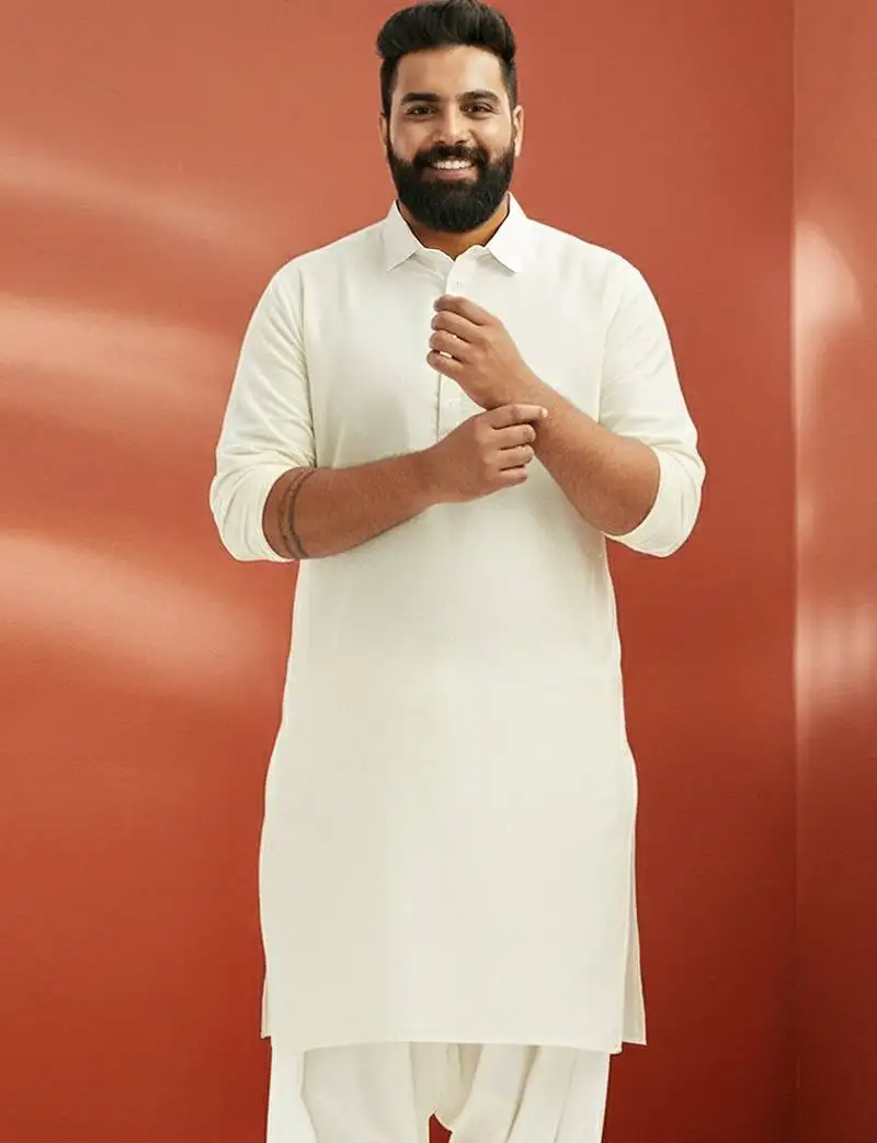 Men's white pathani kurta - viscose casual traditional wear