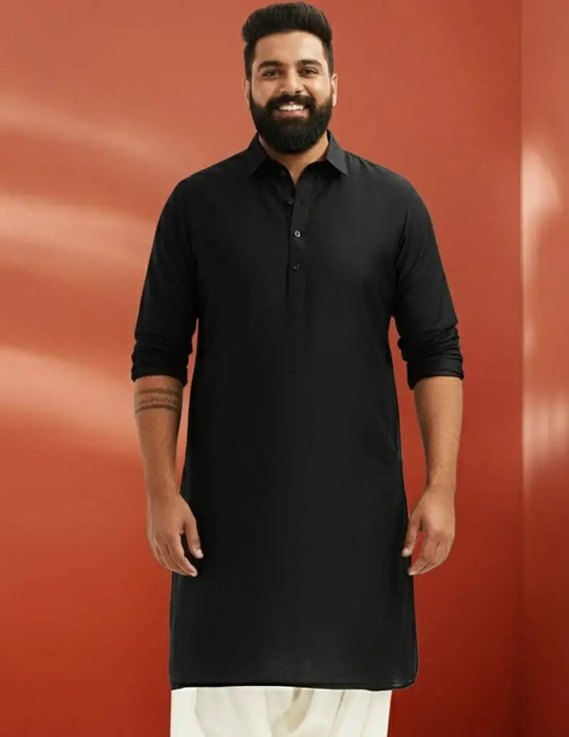 Men's black pathani kurta - viscose casual traditional wear