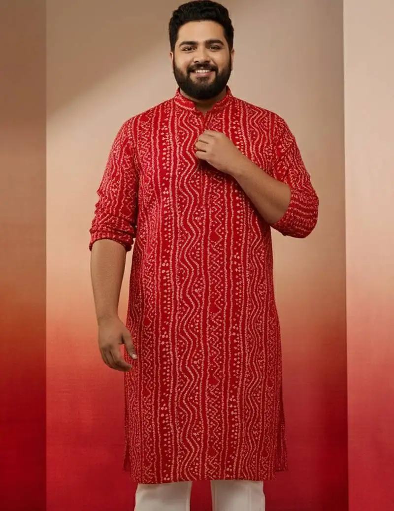 Men's red bandhani kurta - foil print traditional festive wear