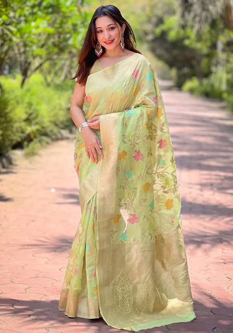 Pista weaving meenakari jaal designer organza saree with blouse piece