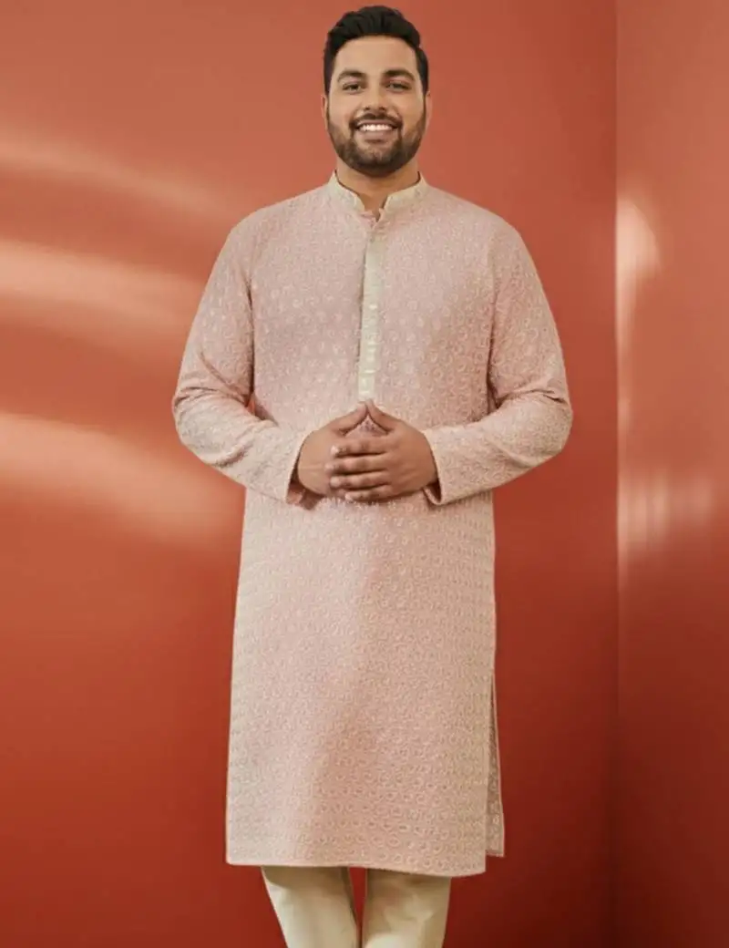 Men's peach sequin kurta - festive embroidered traditional