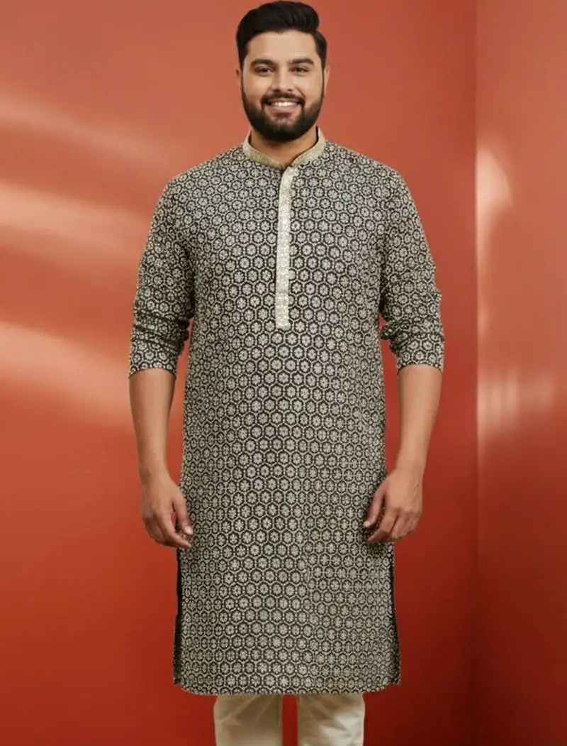 Men's black sequin kurta - festive embroidered traditional