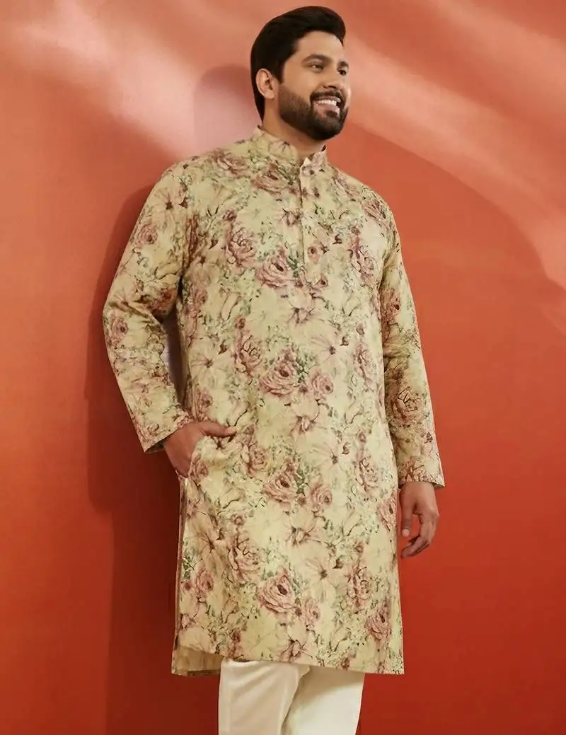 Men's beige silk kurta - floral print wedding traditional wear