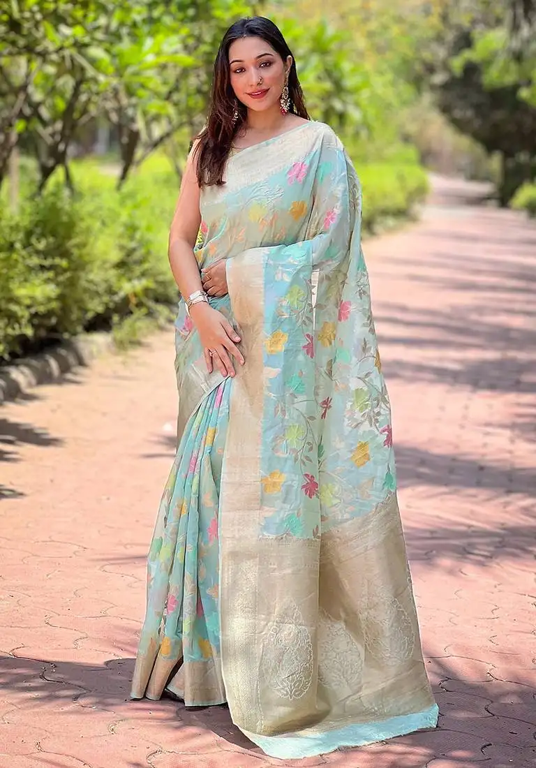 Sky blue weaving meenakari jaal designer organza saree with blouse piece