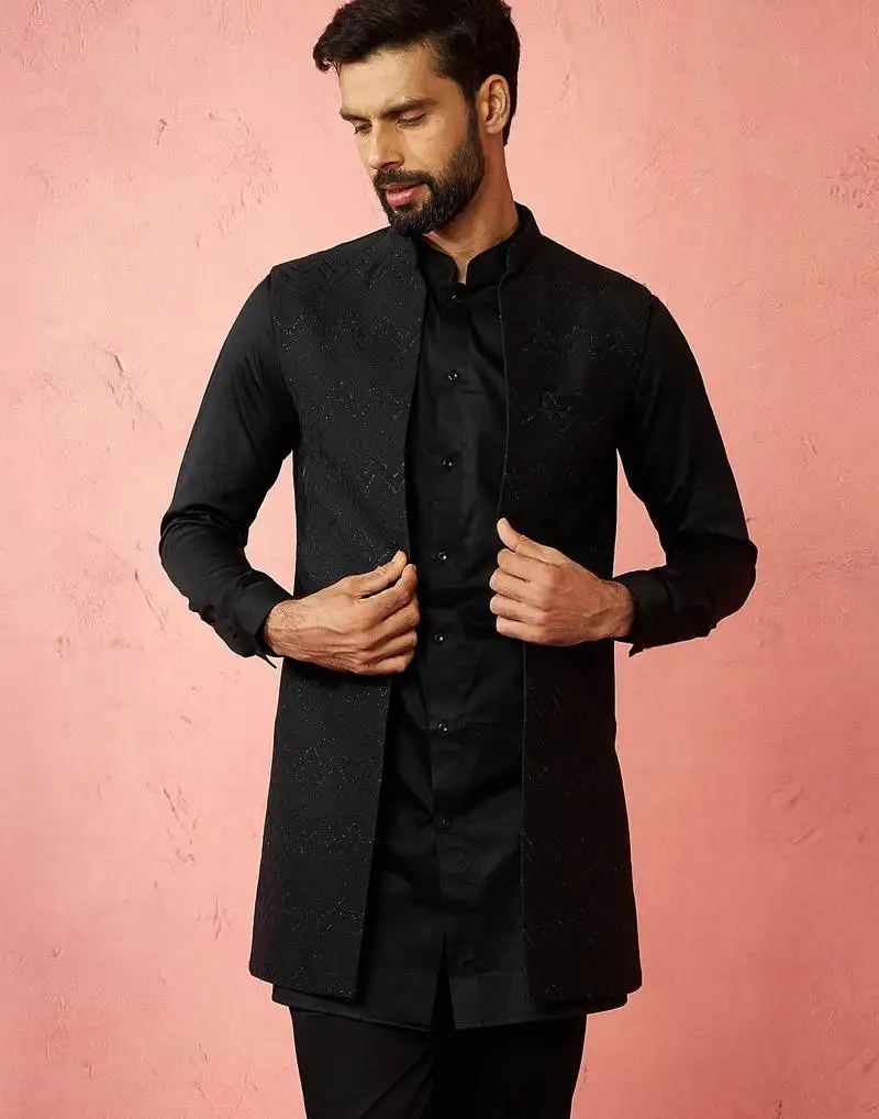 Men's black maharaja jacquard nehru jacket - wedding party ethnic wear