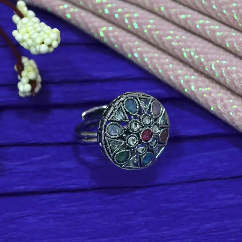 Stylish oval and round shape silver plated kundan stone adjustable finger ring for women and girls