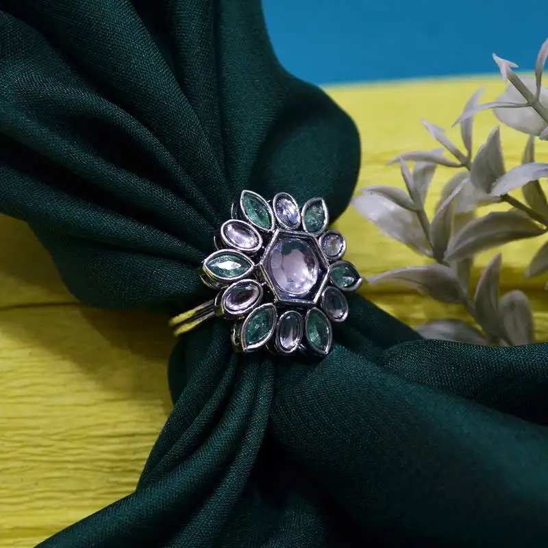 Modish flower design silver plated kundan stone adjustable finger ring for women and girls