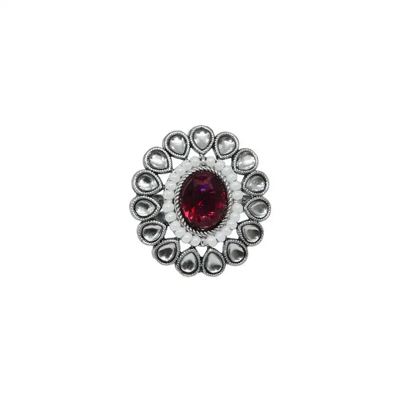 Pear shape and mother of pearl silver plated kundan stone adjustable finger ring for women and girls