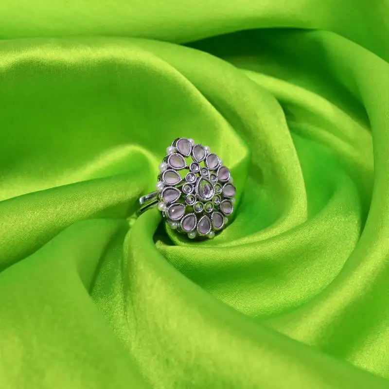 Inspired pear shape silver plated kundan stone adjustable finger ring for women and girls