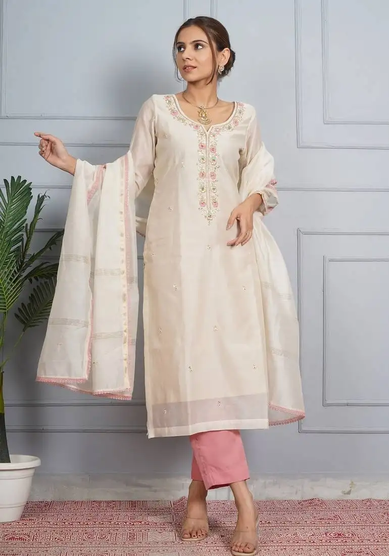 Off white 'amber glow' hand embroidered chanderi silk womens suit- set of 3