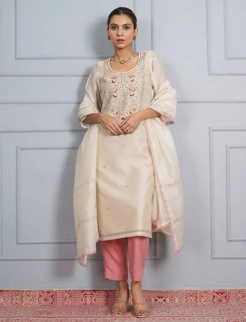 Off white 'panna meena' hand embroidered chanderi silk womens suit- set of 3