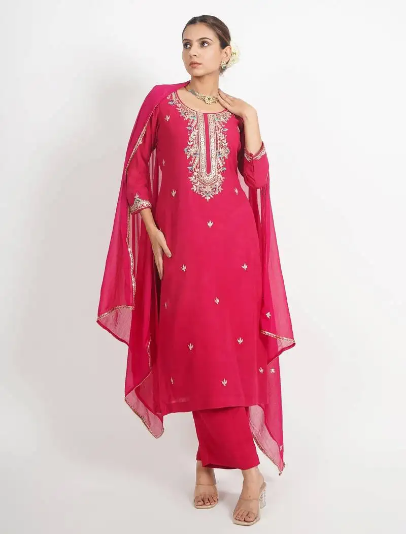 Red ' patrika gate' hand embroidered silk crepe womens suit- set of 3