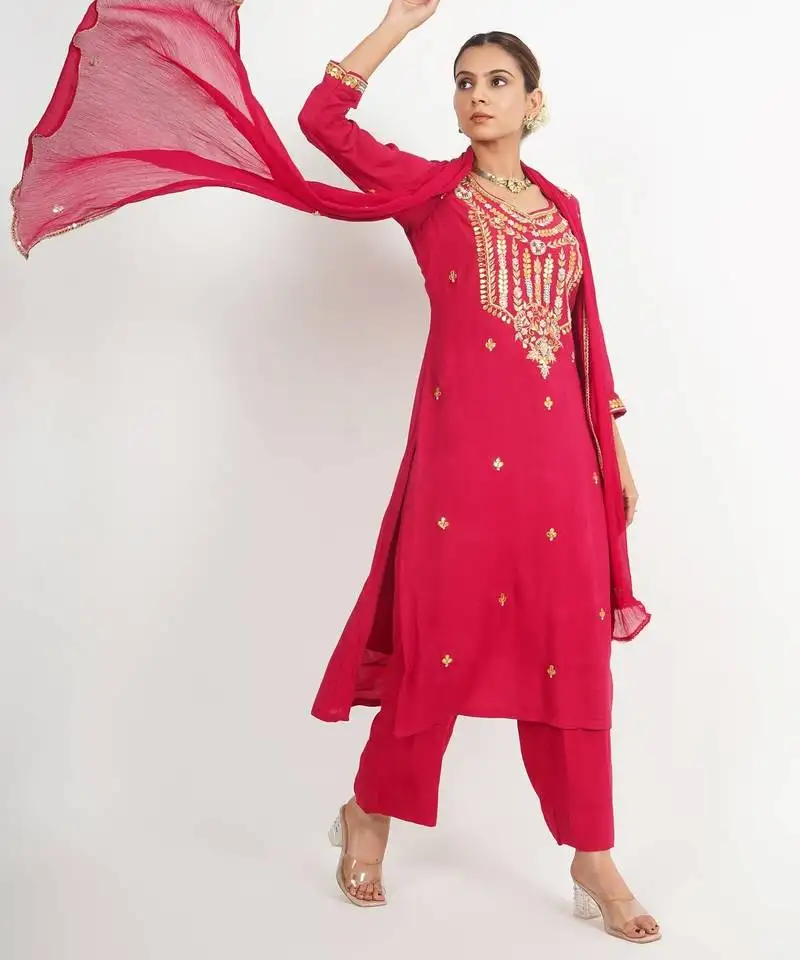 Red ' phool mahal' hand embroidered silk crepe womens suit- set of 3