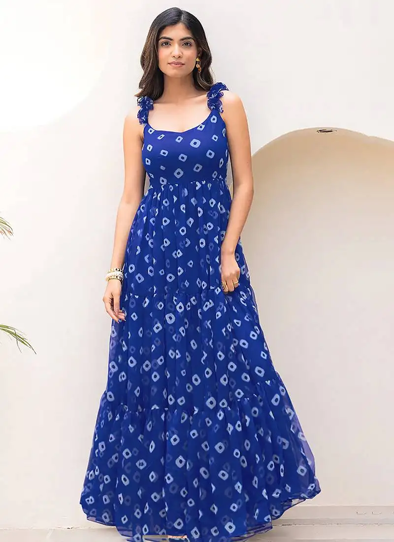Navy blue heavy digital printed faux georgette anarkali fully flared gwon style stitched