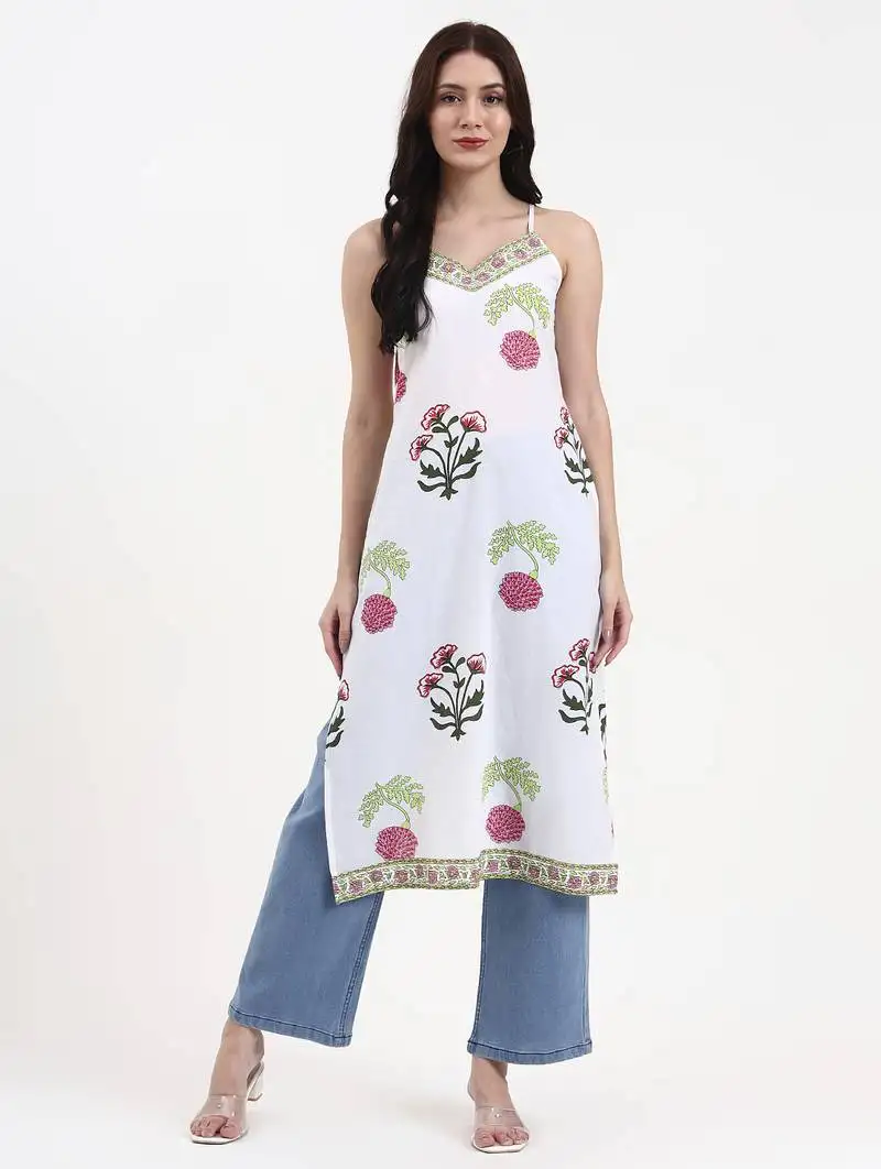 White floral block print cotton straight kurta