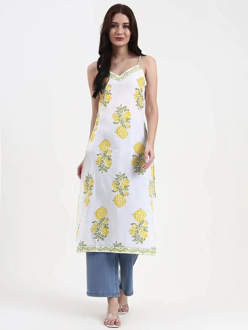 White floral print cotton straight kurta