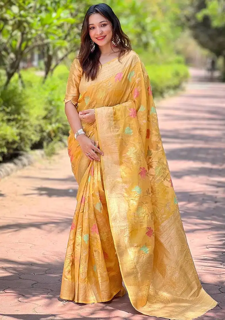 Mustard weaving meenakari jaal designer organza saree with blouse piece