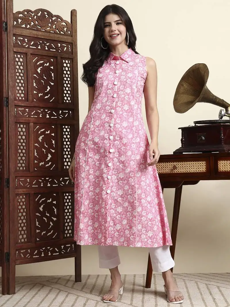 Cotton pink sleeveless kurta