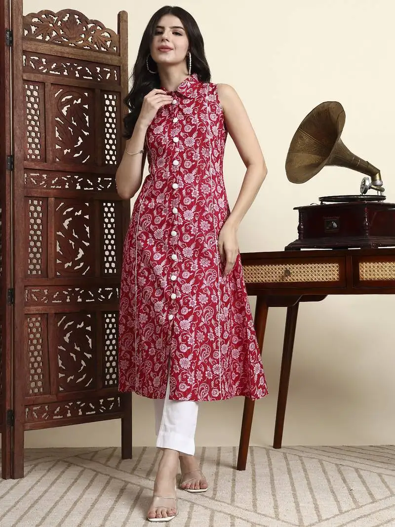 Cotton light pink sleeveless kurta
