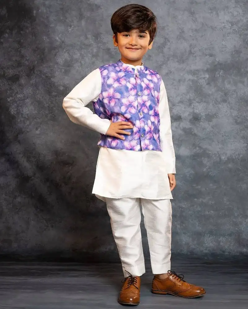Boys kurta pant with digital printed purple jacket