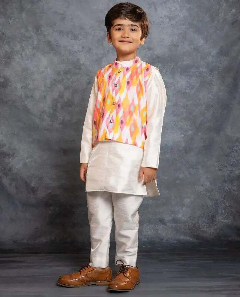 Boys silk kurta pant with multicolour digital printed jacket