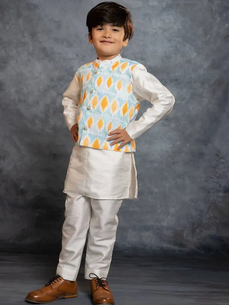 Boys kurta pant with digital printed sky blue jacket