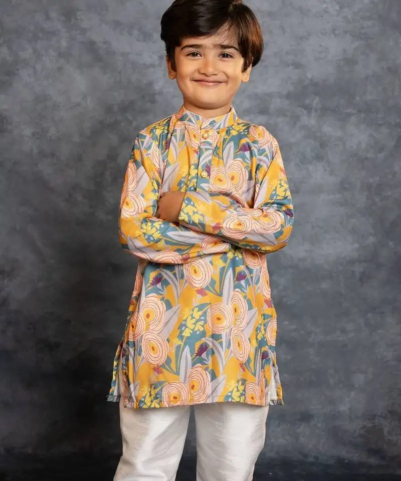 Boys soft cotton digital printed yellow kurta with banglori silk pant