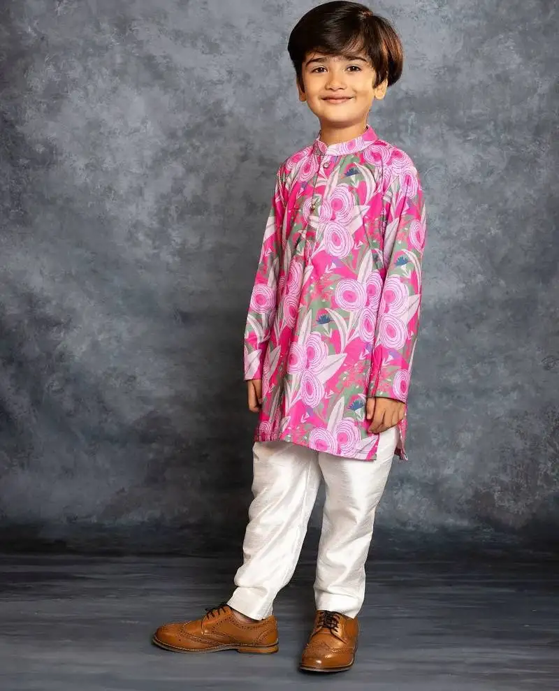 Boys soft cotton digital printed pink kurta with banglori silk pant