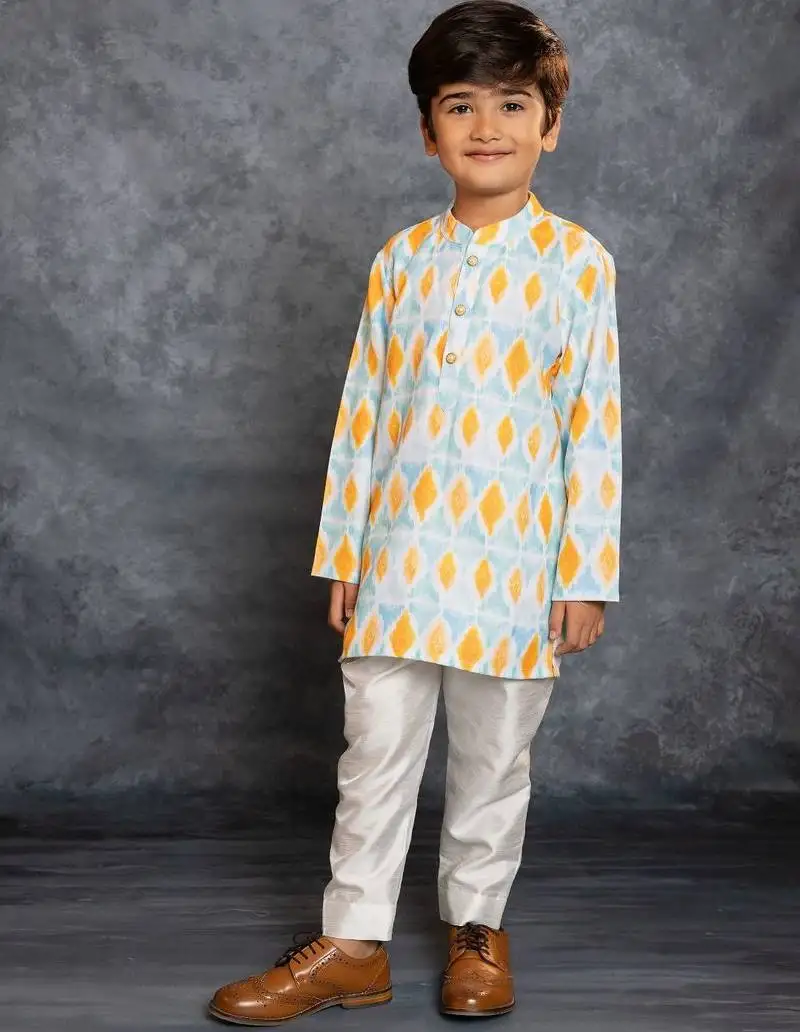 Boys cotton linen digital printed multicolor kurta with pant