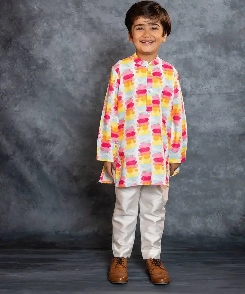 Boys cotton linen digital printed multicolored kurta with pant