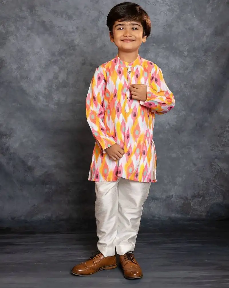 Boys multicolored cotton linen digital printed kurta with pant