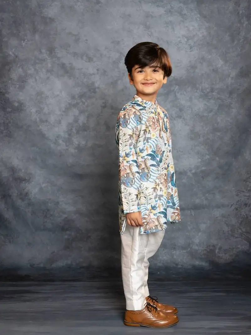 Boys cotton linen digital printed kurta with pant