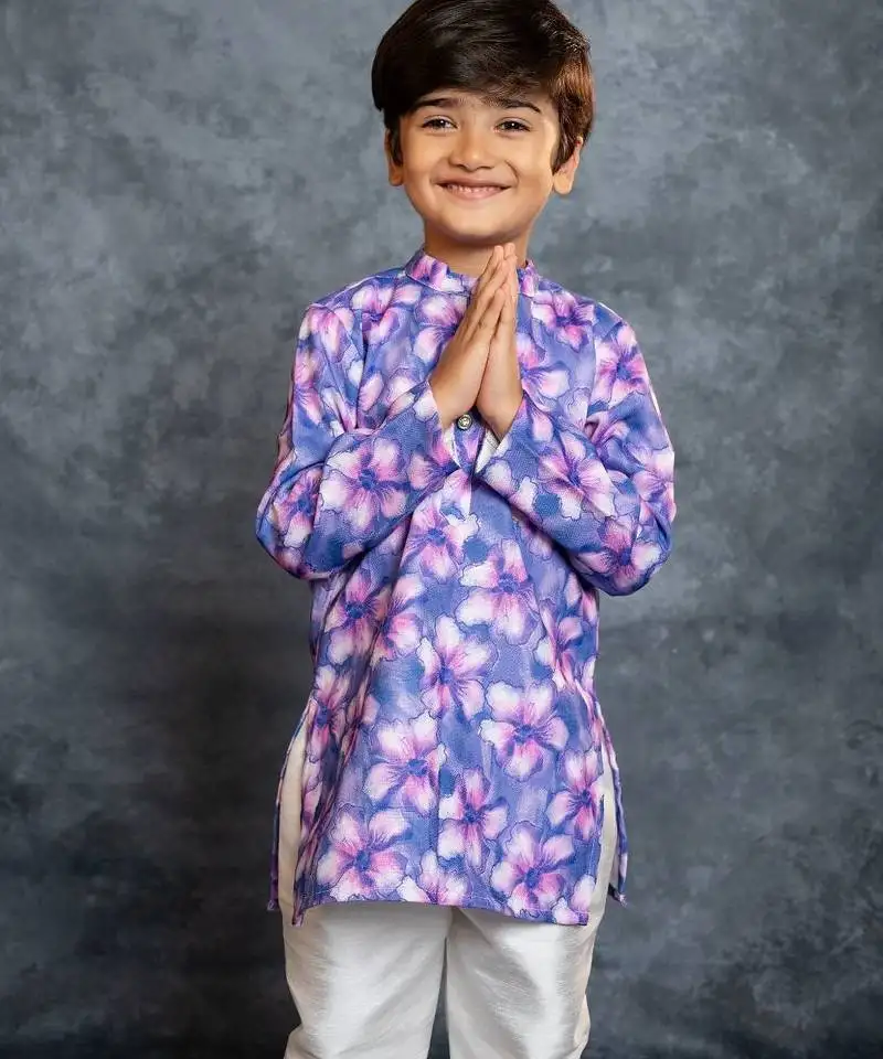 Boys cotton linen digital printed purple kurta with pant
