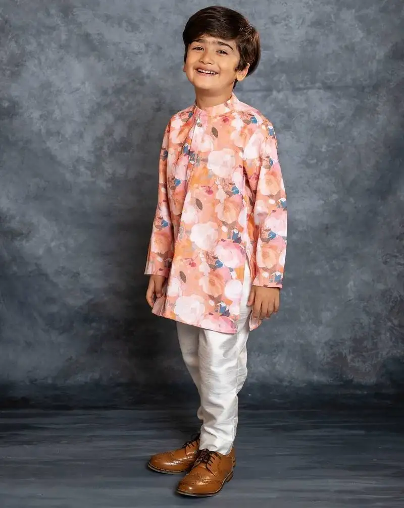 Boys cotton linen digital printed rust kurta with pant
