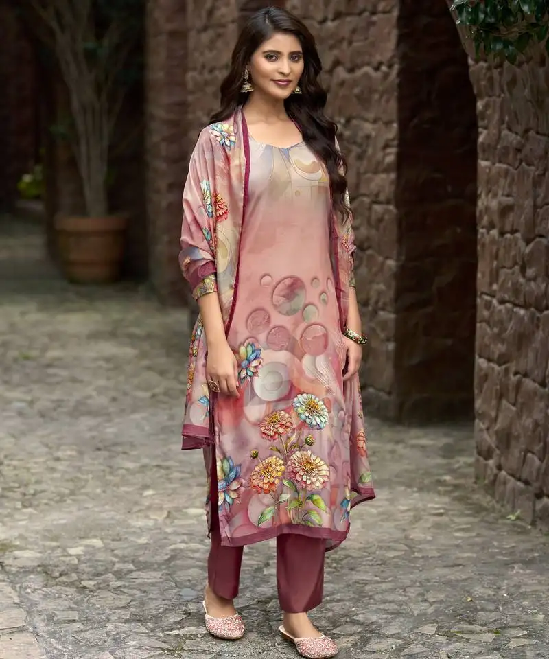 Mauve silk crepe floral printed straight kurta with comfort fitting pant & printed dupatta stitched