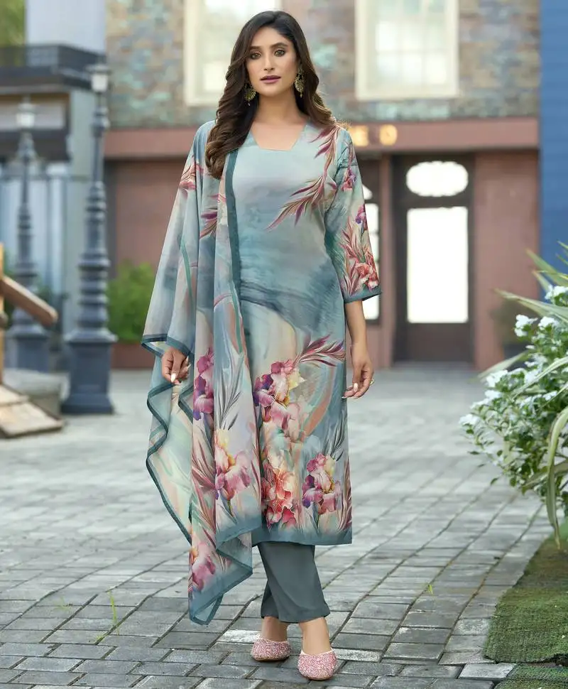 Sea green silk crepe floral printed straight kurta with comfort fitting pant & printed dupatta stitched