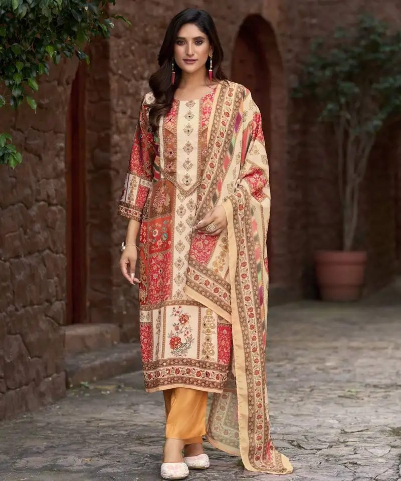 Multicolor silk crepe geometric printed straight kurta with comfort fitting pant & printed dupatta stitched