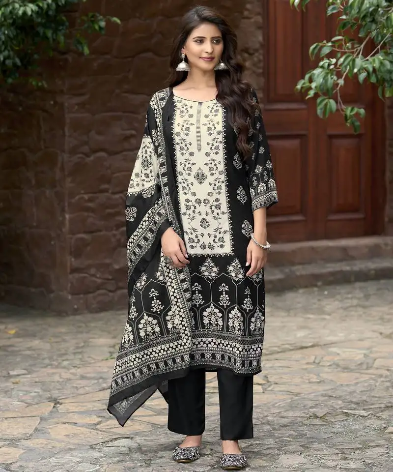 Black silk crepe floral printed straight kurta with comfort fitting pant & printed dupatta stitched