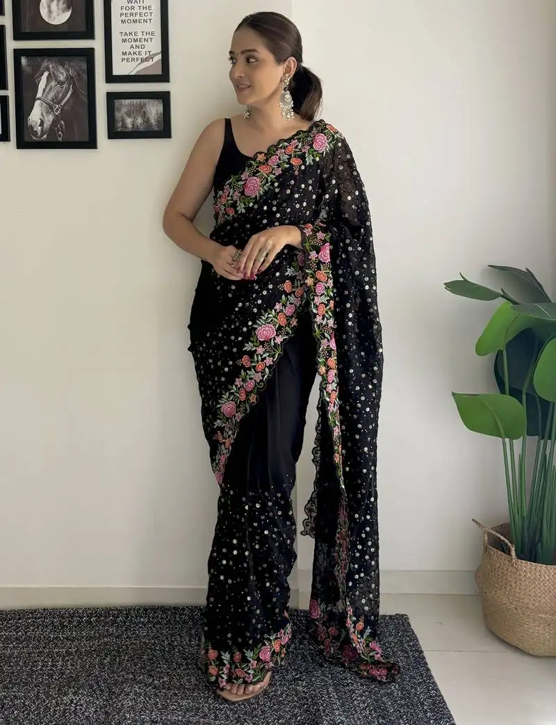 Black thread,sequance embroidery work georgette saree with blouse piece
