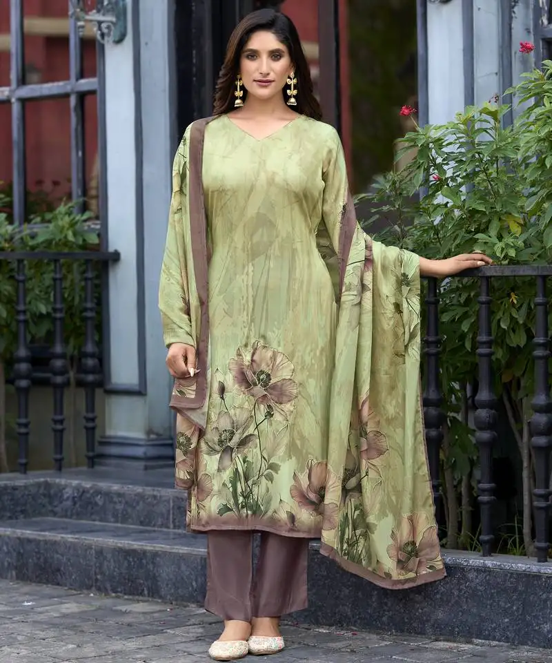 Green silk crepe floral printed straight kurta with comfort fitting pant & printed dupatta stitched